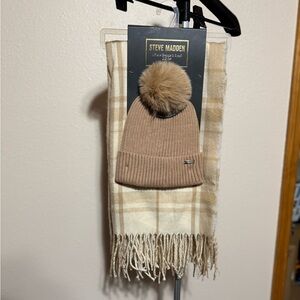 Steve Madden Beige Beanie and Checkered Scarf Set